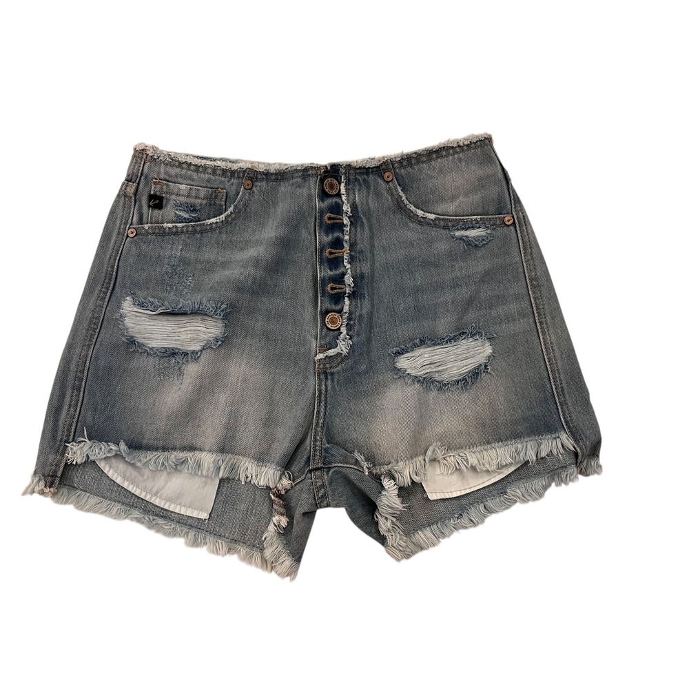 Kancan Distressed Denim Shorts Frayed‎ Hem High Rise Button Fly Size S NWT